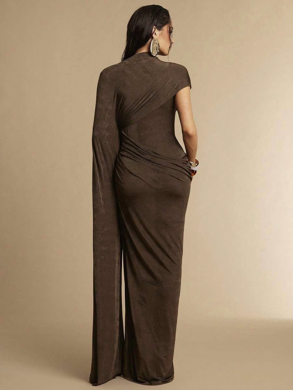thumbnail image 2 of Elegant Brown Asymmetrical Draped Maxi Dress With Ruched Waist, 2 of 30