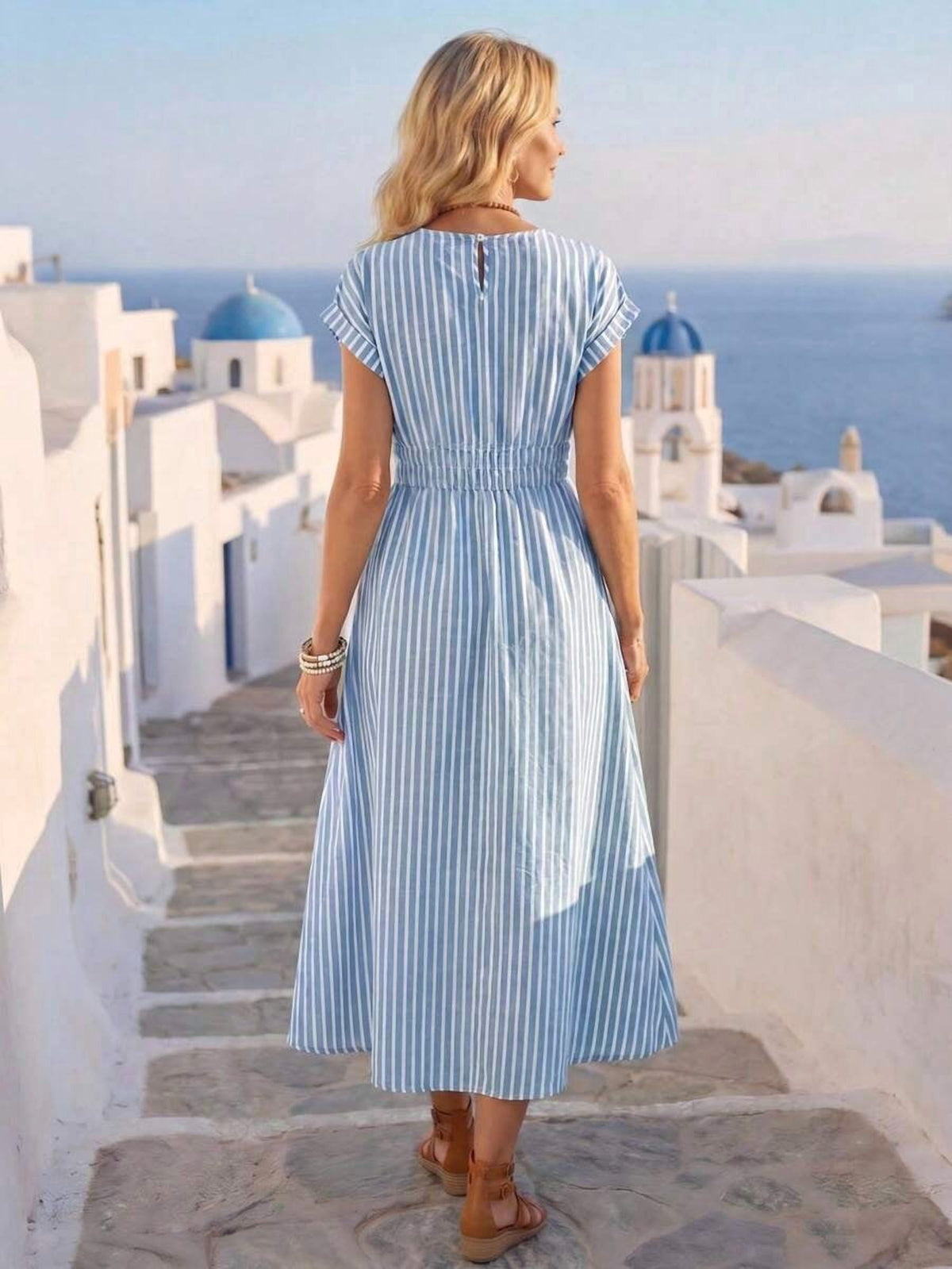 thumbnail image 2 of Womens Blue And White Striped Ruched Waist Midi Dress Summer Vacation, 2 of 9