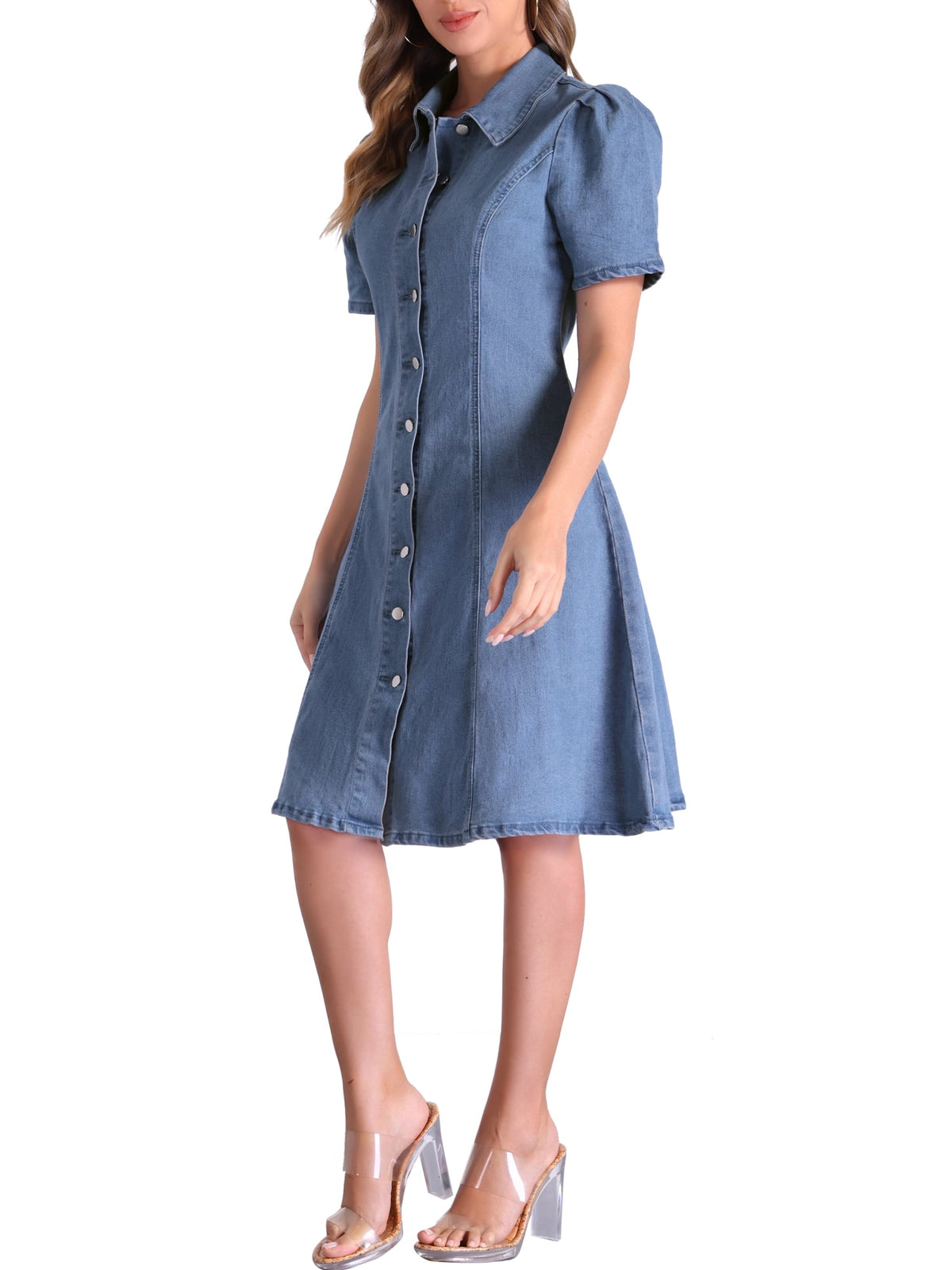 thumbnail image 4 of INSPIRE CHIC Women's Denim Dress Puff Short Sleeve Lapel Collar Button Down Midi Dress XS Light Blue, 4 of 6