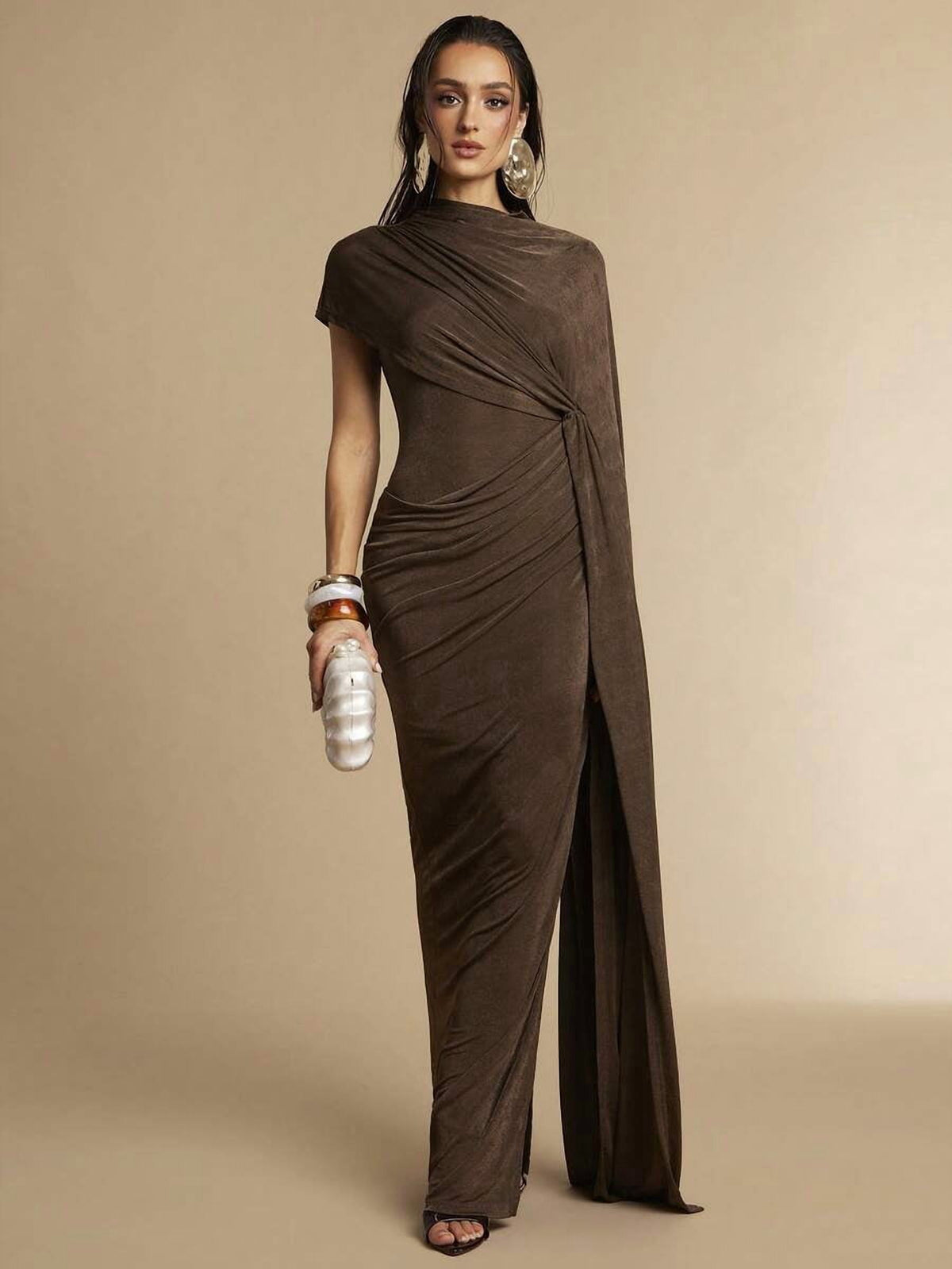 thumbnail image 4 of Elegant Brown Asymmetrical Draped Maxi Dress With Ruched Waist, 4 of 30