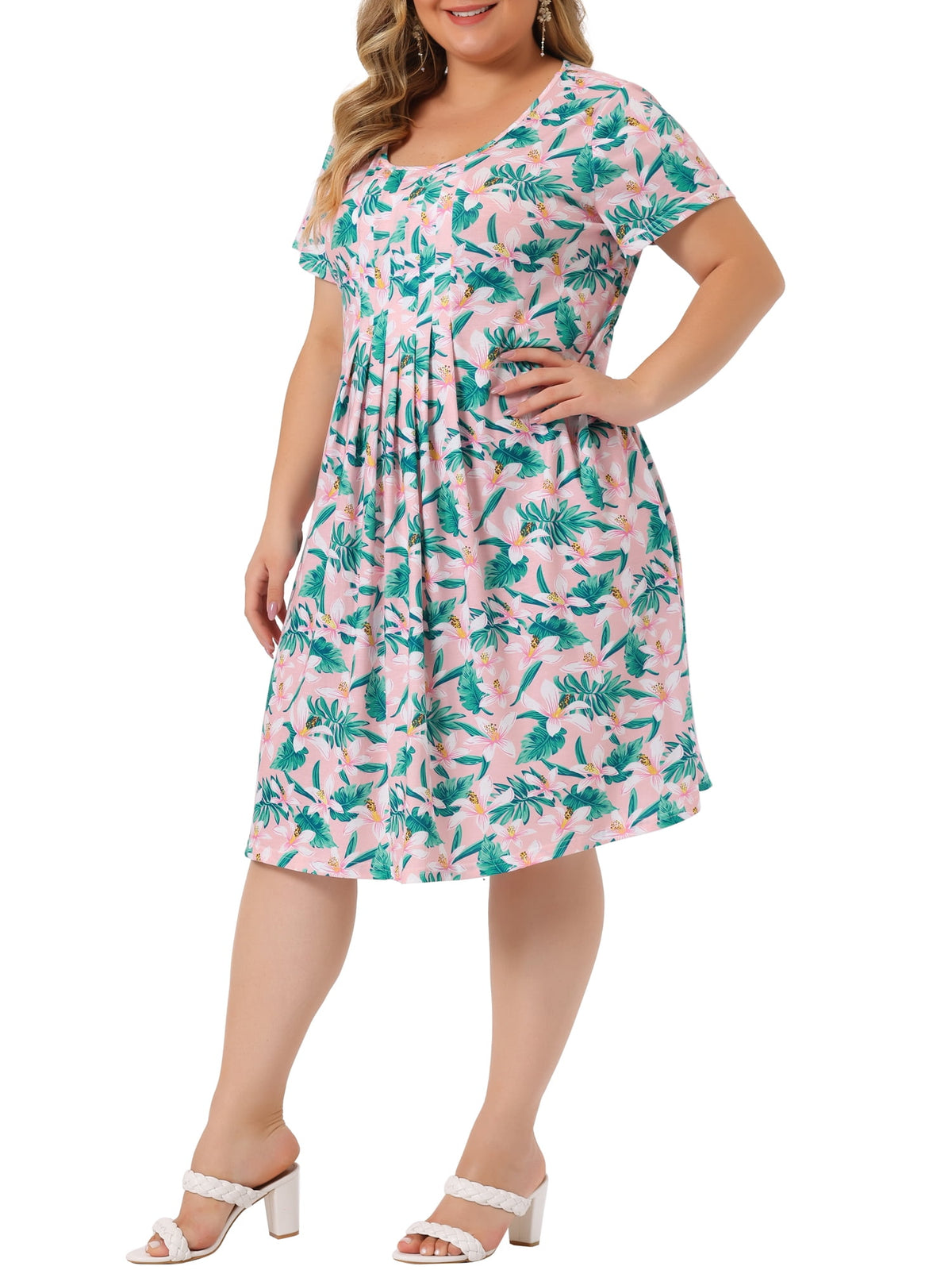 thumbnail image 4 of NOMADIC NOOK Women's Plus Size Flared Dresses and Round Neck Short Sleeves Floral Pleated Summer Midi Dress 3X Pink White/Pink Green, 4 of 7