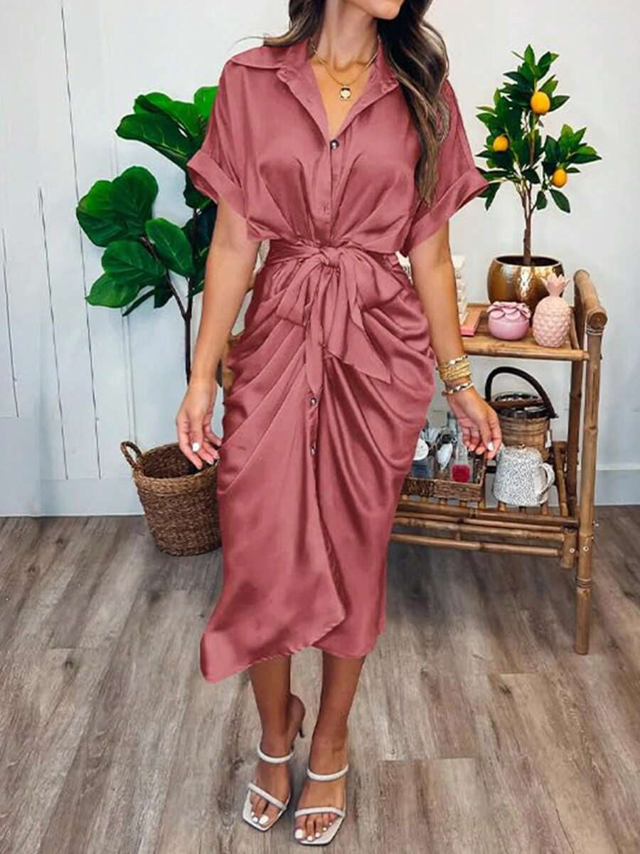 thumbnail image 3 of Dusty Pink Ruched Button Down Midi Dress with Tie Waist, 3 of 5