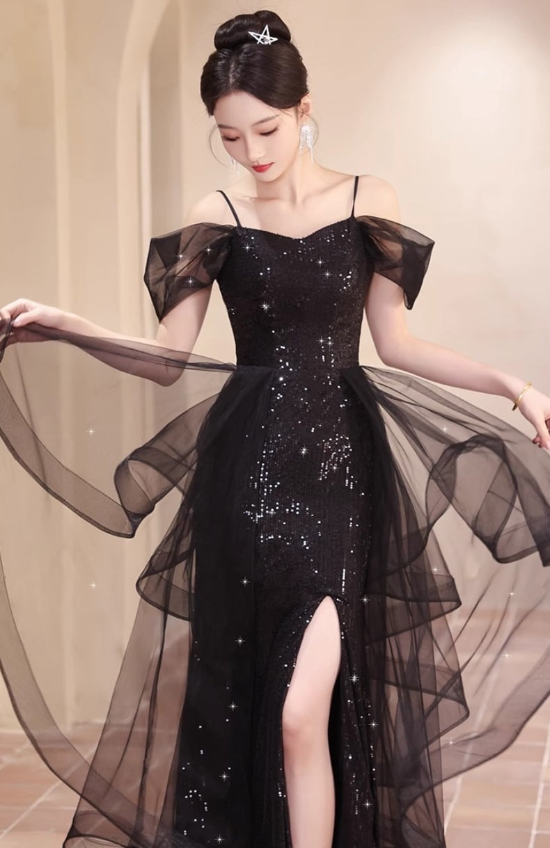 thumbnail image 5 of Black Sparkly Mesh Formal Gown for Women, Spaghetti Strap Short Sleeve Slim Fit Maxi Dress, Wedding Guest Evening Party Dress for Banquet Ceremony, 5 of 6