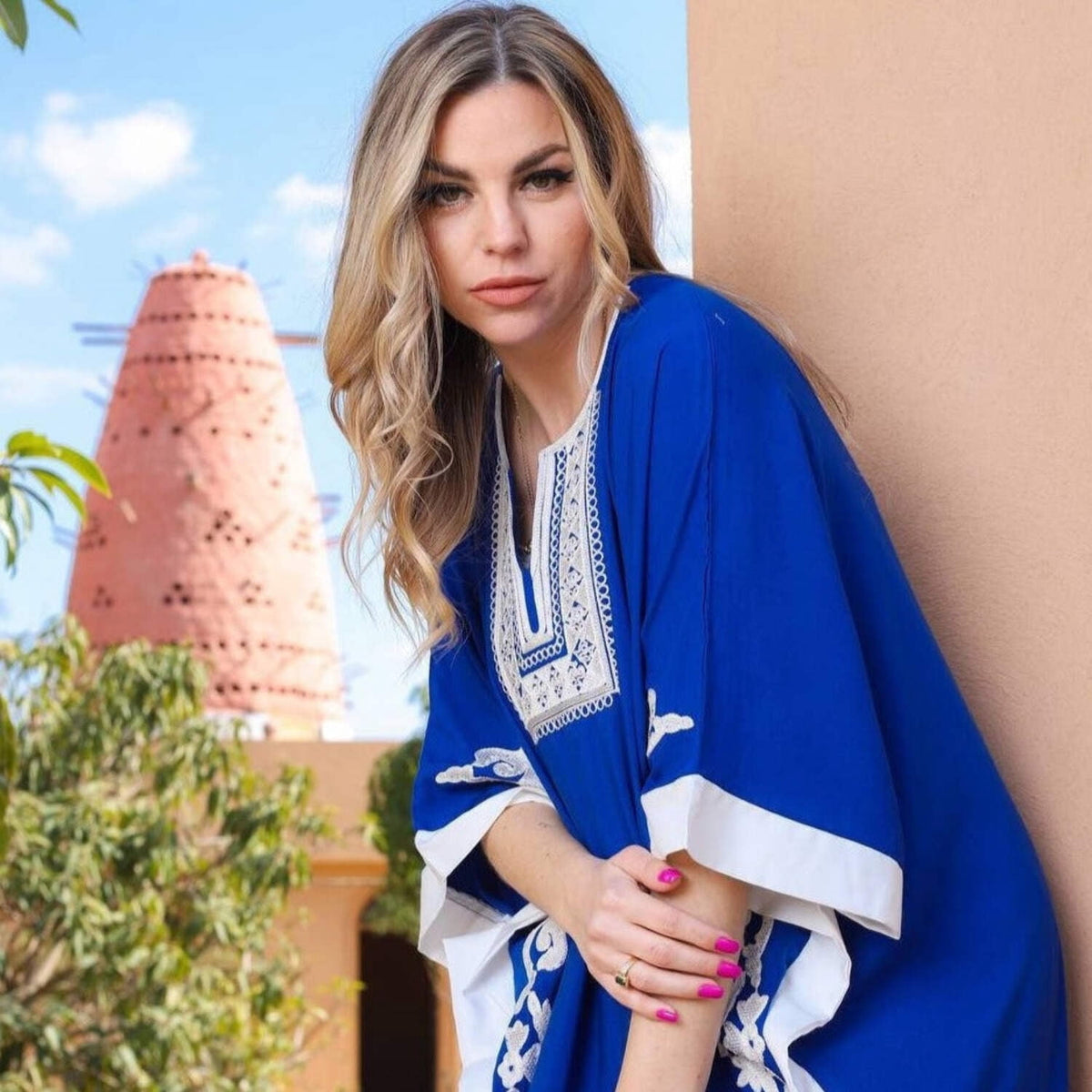 thumbnail image 1 of Amazing Blue plus size embroidered Kaftan, Loose fit Bohemian Caftan, 1 of 6