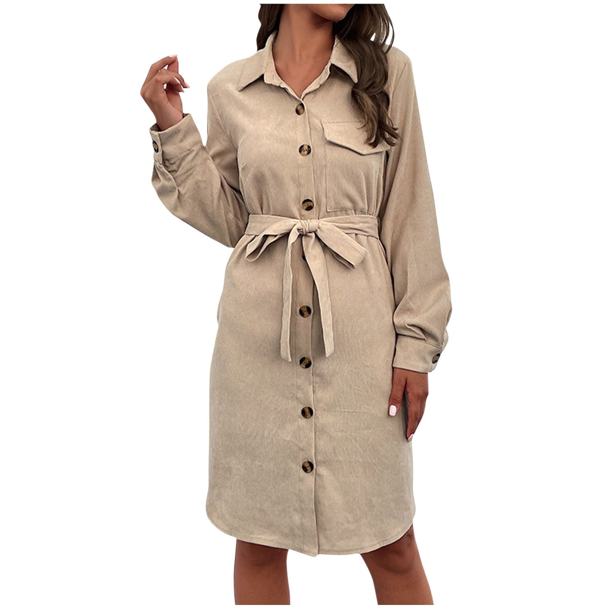 thumbnail image 1 of Annhoo Corduroy Dresses for Women Button down Lapel Long Sleeve Dress Fall Casual Tie Waist Mini Dress with Pocket, 1 of 5