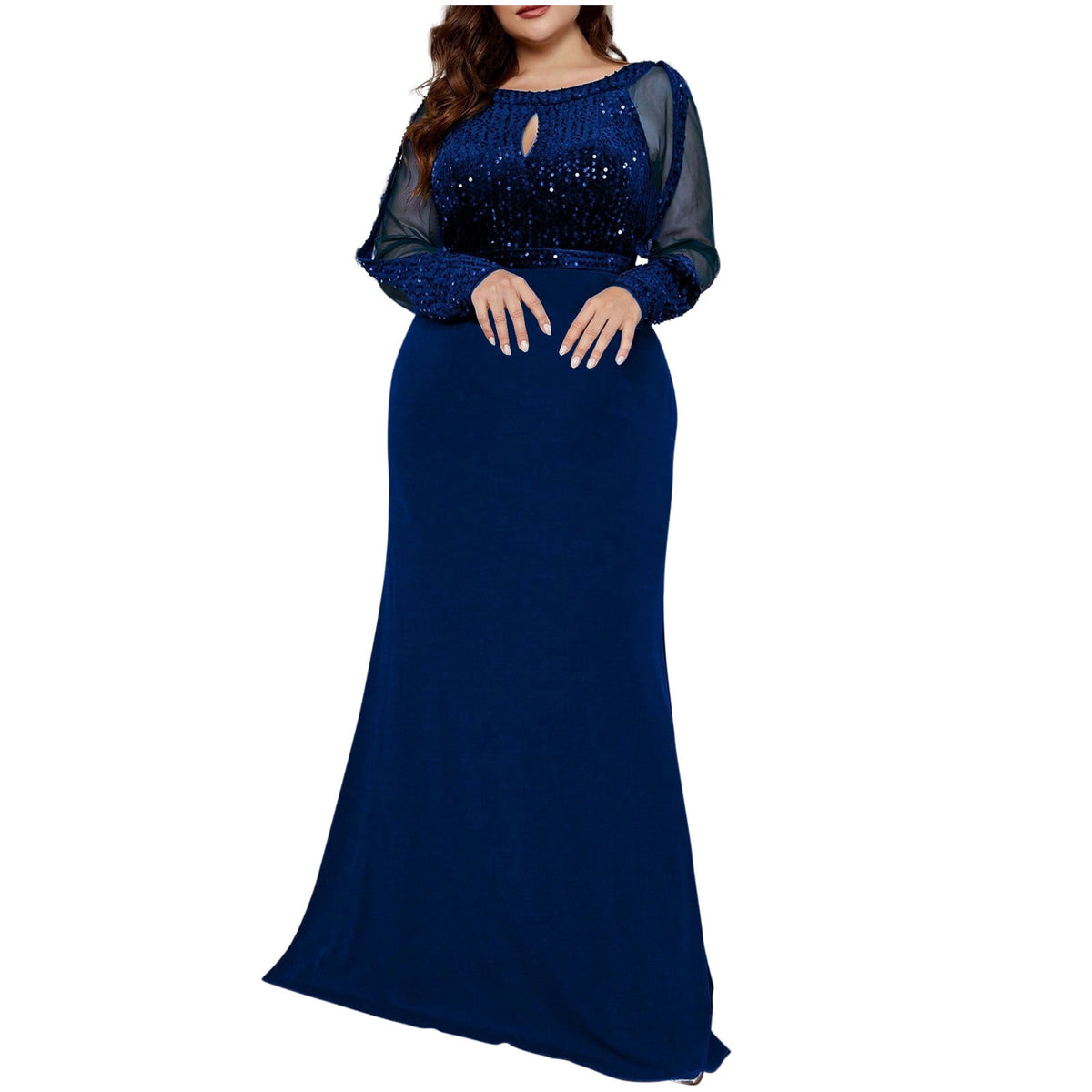 thumbnail image 1 of Arnsht Women's Plus Size Sequin Lace Round-Neck Sheer Long Sleeves Formal Evening Dancing Party Dress Chiffon Long Dress Blue L, 1 of 6