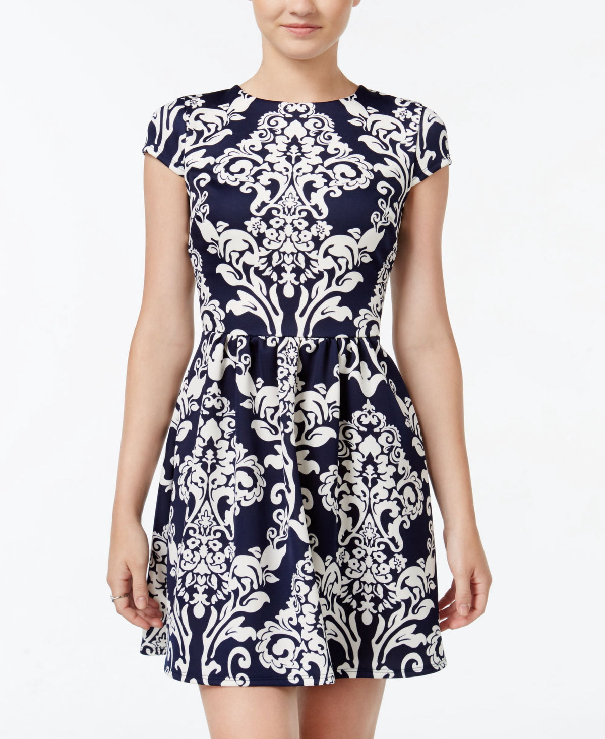 thumbnail image 1 of B Darlin Juniors Printed Scuba Fit Flare Dress Navy Nude 3-4, 1 of 1