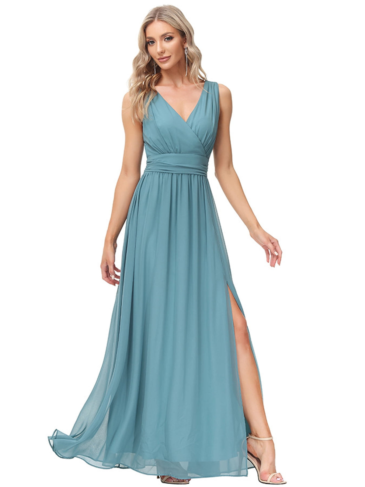 thumbnail image 1 of Beauty-Emily One Piece Elegant Women's Chiffon Maxi Formal Dress, Sleeveless V-Neck Mesh Tulle Bridesmaid Long Gown, Breathable Summer Evening Dress for Wedding Guest, Prom, Party & Banquet Occasions, 1 of 7
