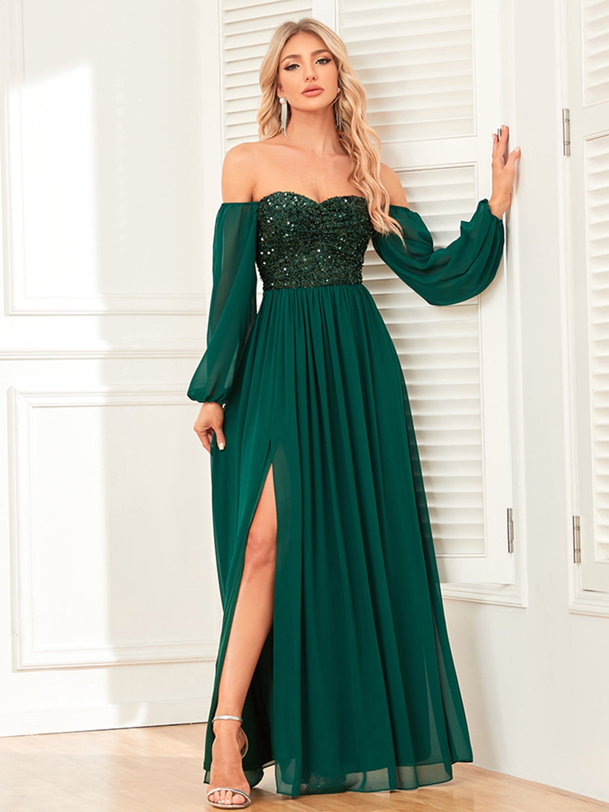 thumbnail image 1 of Beauty-Emily Women Sequin Top Chiffon Maxi Bridesmaid Dress, Puff Long Sleeve Low Back Side Split Formal Evening Gown, 1 of 7