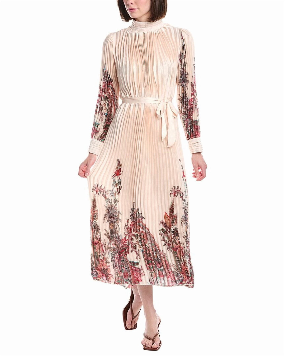 thumbnail image 1 of Beulah womens Boho Paisley Print Satin Pleated Midi Dress, os, Ivory, 1 of 4