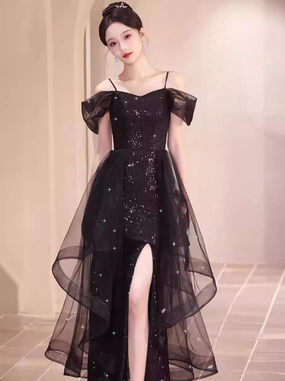 thumbnail image 1 of Black Sparkly Mesh Formal Gown for Women, Spaghetti Strap Short Sleeve Slim Fit Maxi Dress, Wedding Guest Evening Party Dress for Banquet Ceremony, 1 of 6
