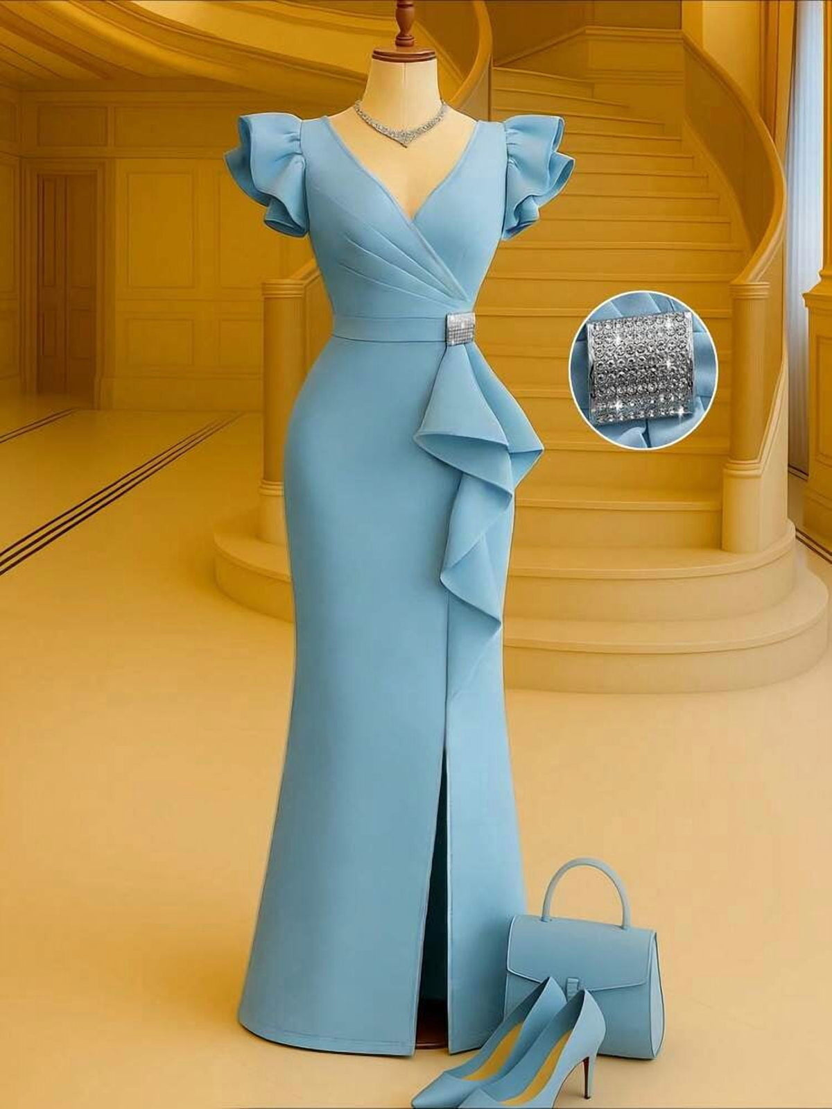 thumbnail image 1 of Blue Long Dress with Deep V Neck and Ruffle Sleeves, 1 of 5