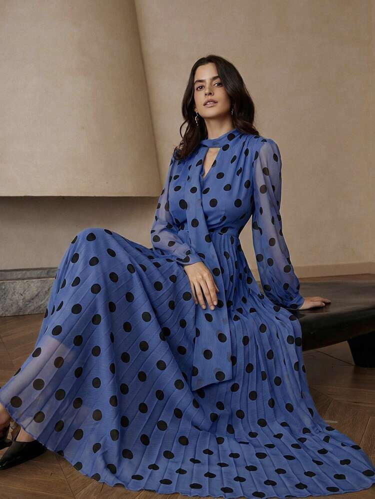 thumbnail image 1 of Blue Polka Dot Long Sleeve Pleated Maxi Dress, 1 of 8