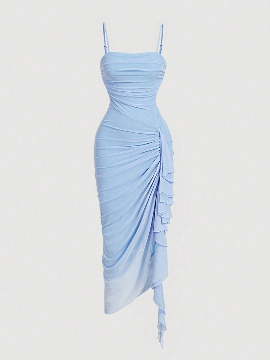 thumbnail image 1 of Blue Womens Ruched Bodycon Midi Dress With Spaghetti Straps And Asymmetrical Ruffle Hem, 1 of 5