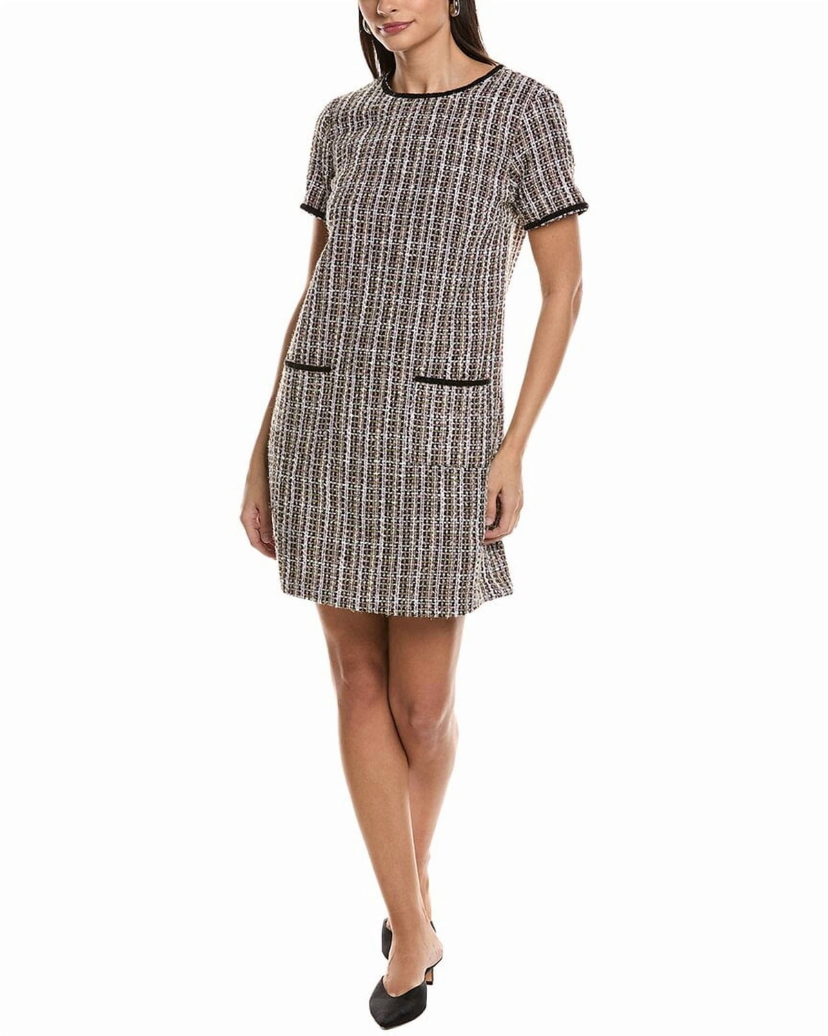 thumbnail image 1 of CeCe Contrast-Trim Tweed Short-Sleeve Dress Women's 12 Black Multi Wool Blend, 1 of 3