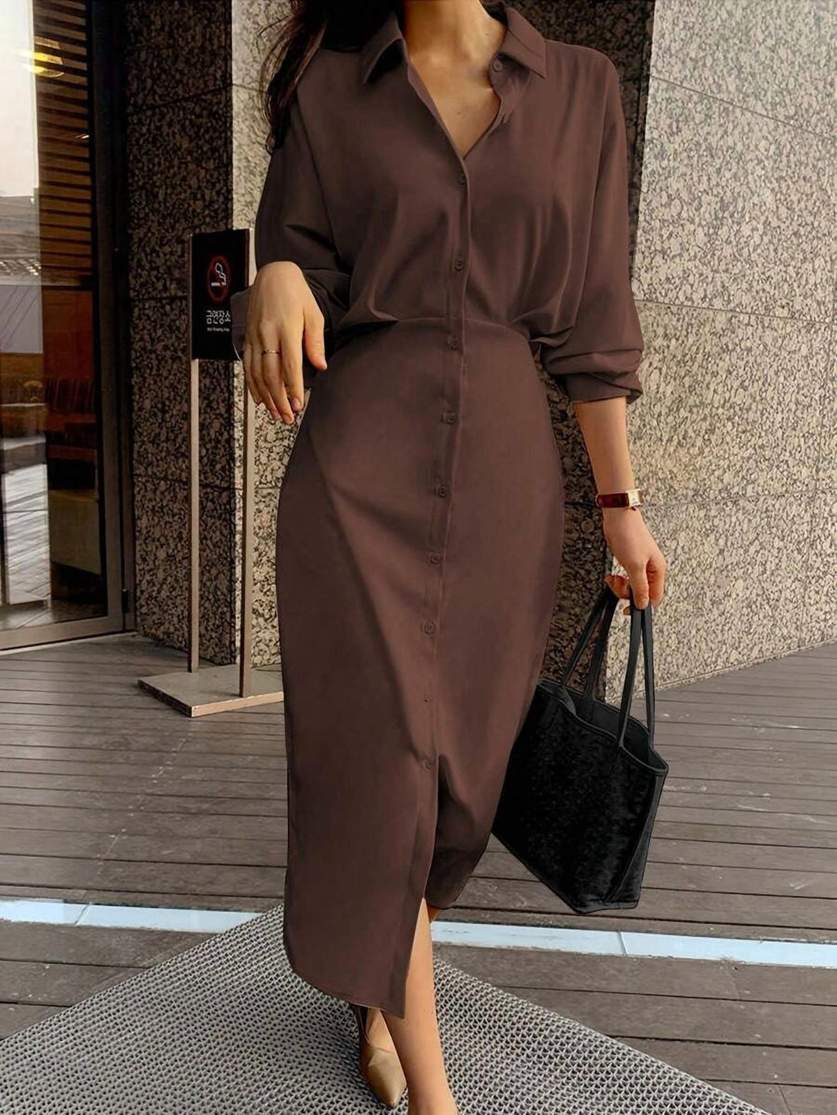 thumbnail image 1 of Coffee Dress, Long Sleeve Button Front Midi with Side Split, 1 of 4