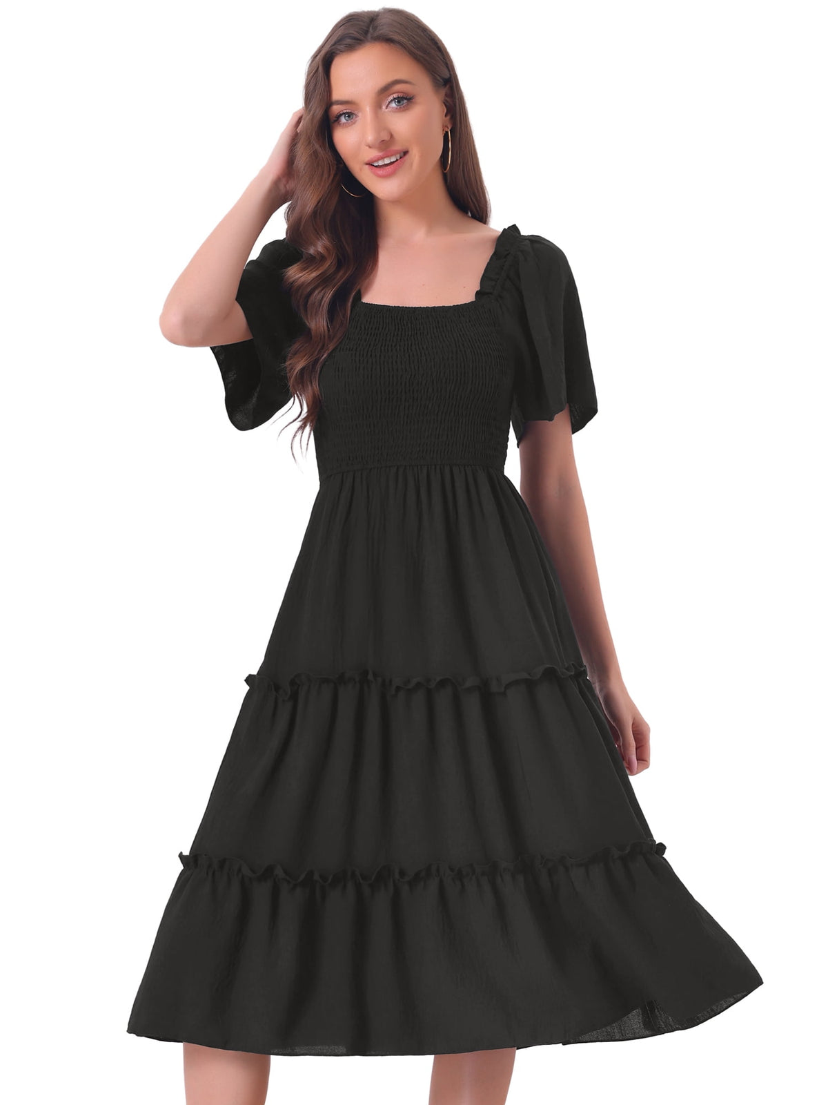thumbnail image 1 of DARING DIVA Women's Boho Square Neck Short Sleeve Flowy Midi Dresses S Black, 1 of 6