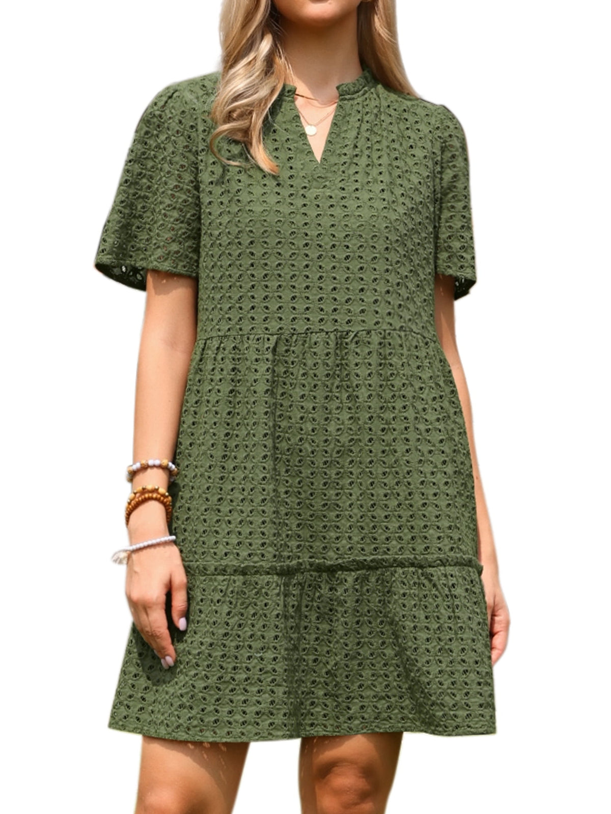 thumbnail image 1 of DARING DIVA Women's Eyelet Short Sleeve V Neck Hollow Out Mini Dresses XS Army Green, 1 of 6