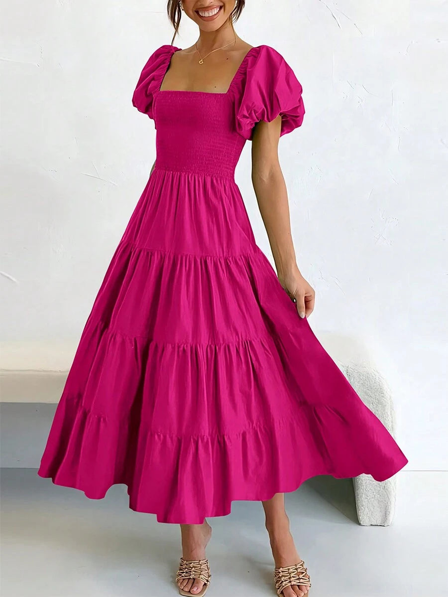thumbnail image 1 of Dark Rose Red Smocked Square Neck Puff Sleeve Tiered Midi Dress, 1 of 30