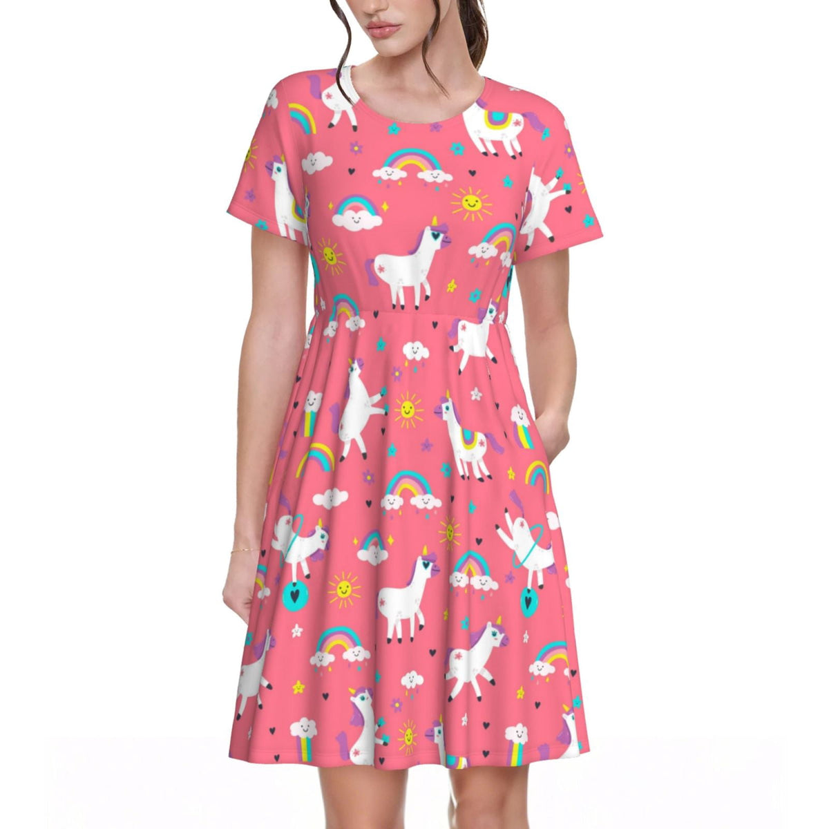 thumbnail image 1 of Defioc Yoga Unicorn Pattern Womens Summer Dresses Short Sleeve Sundress 2025 Beach Vacation Dresses with Pockets -Small, 1 of 6
