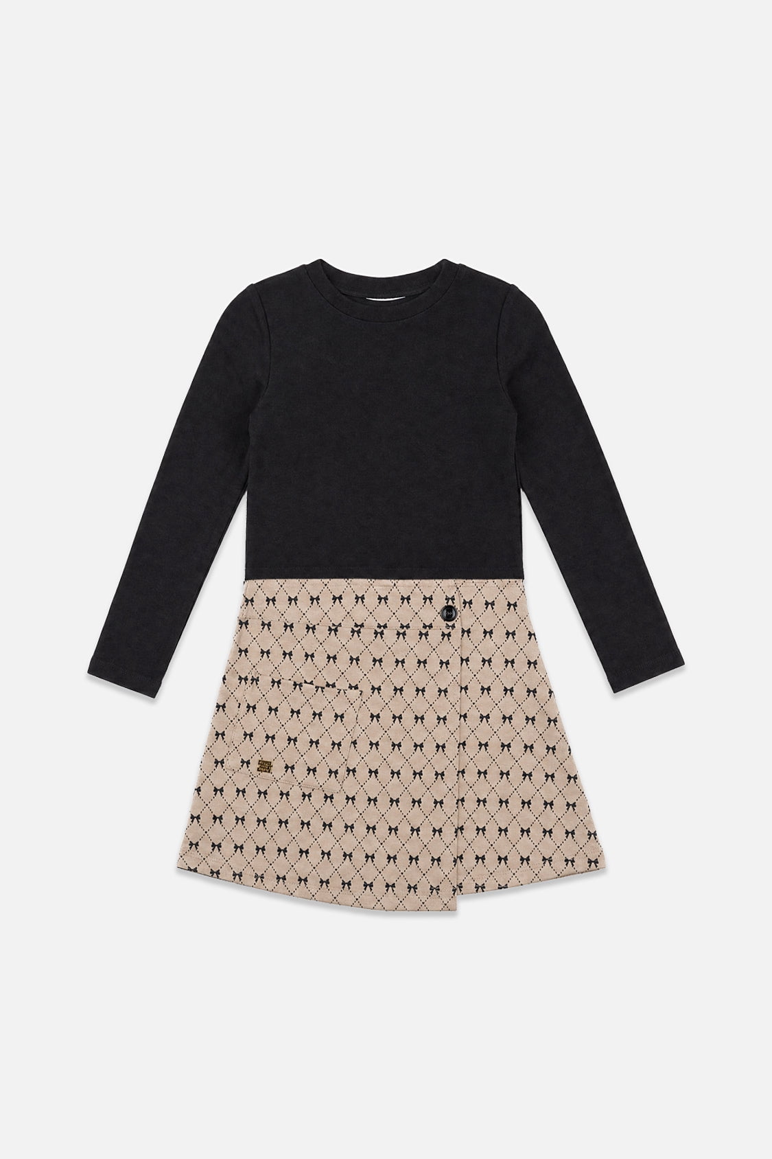 thumbnail image 1 of Deux Par Deux Girl Bi-Material Dress Black And Beige Bow Tie Print, 1 of 3