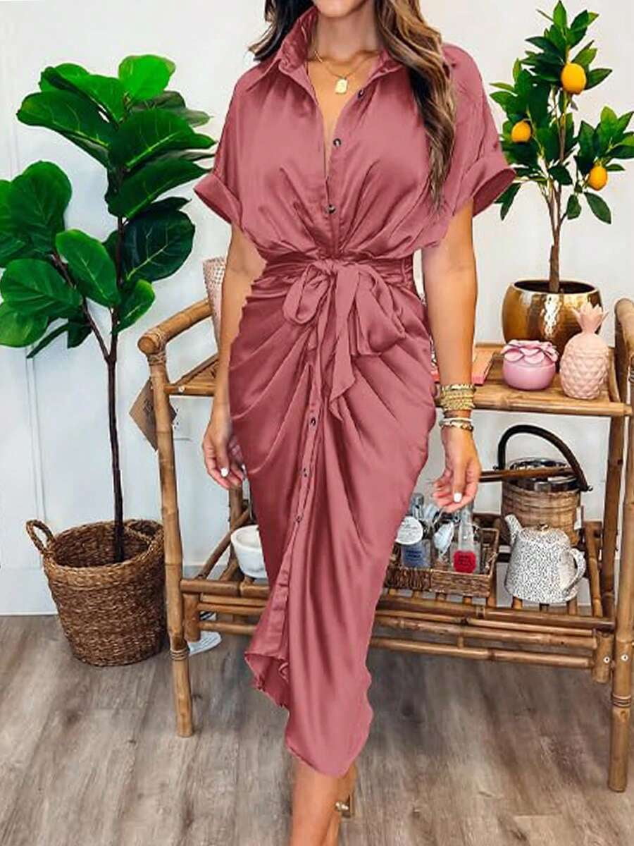 thumbnail image 1 of Dusty Pink Ruched Button Down Midi Dress with Tie Waist, 1 of 5