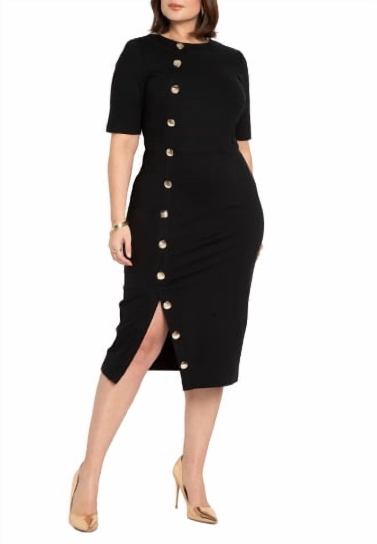 thumbnail image 1 of ELOQUII Women's Plus Size Button Detail Workwear Midi Dress, 1 of 4