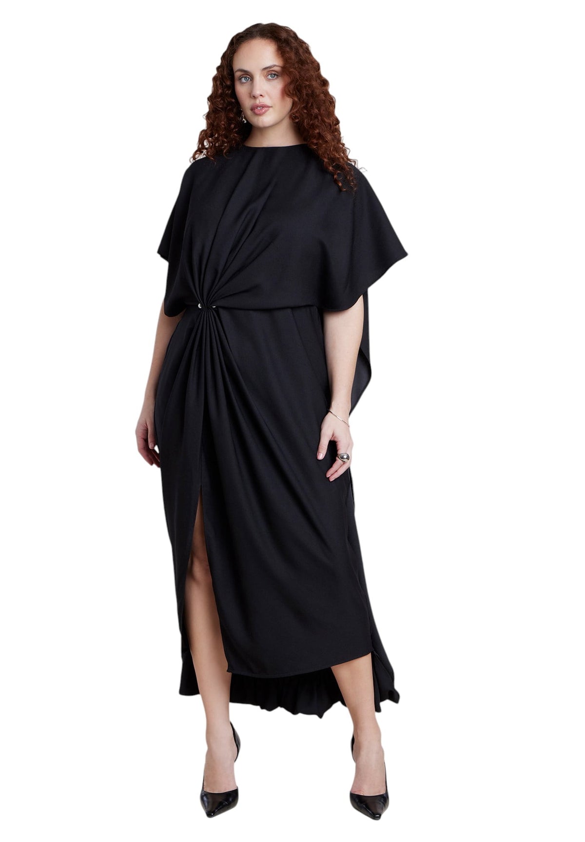 thumbnail image 1 of ELOQUII Women's Plus Size Draped Cape High-Low Maxi Dress, 1 of 4