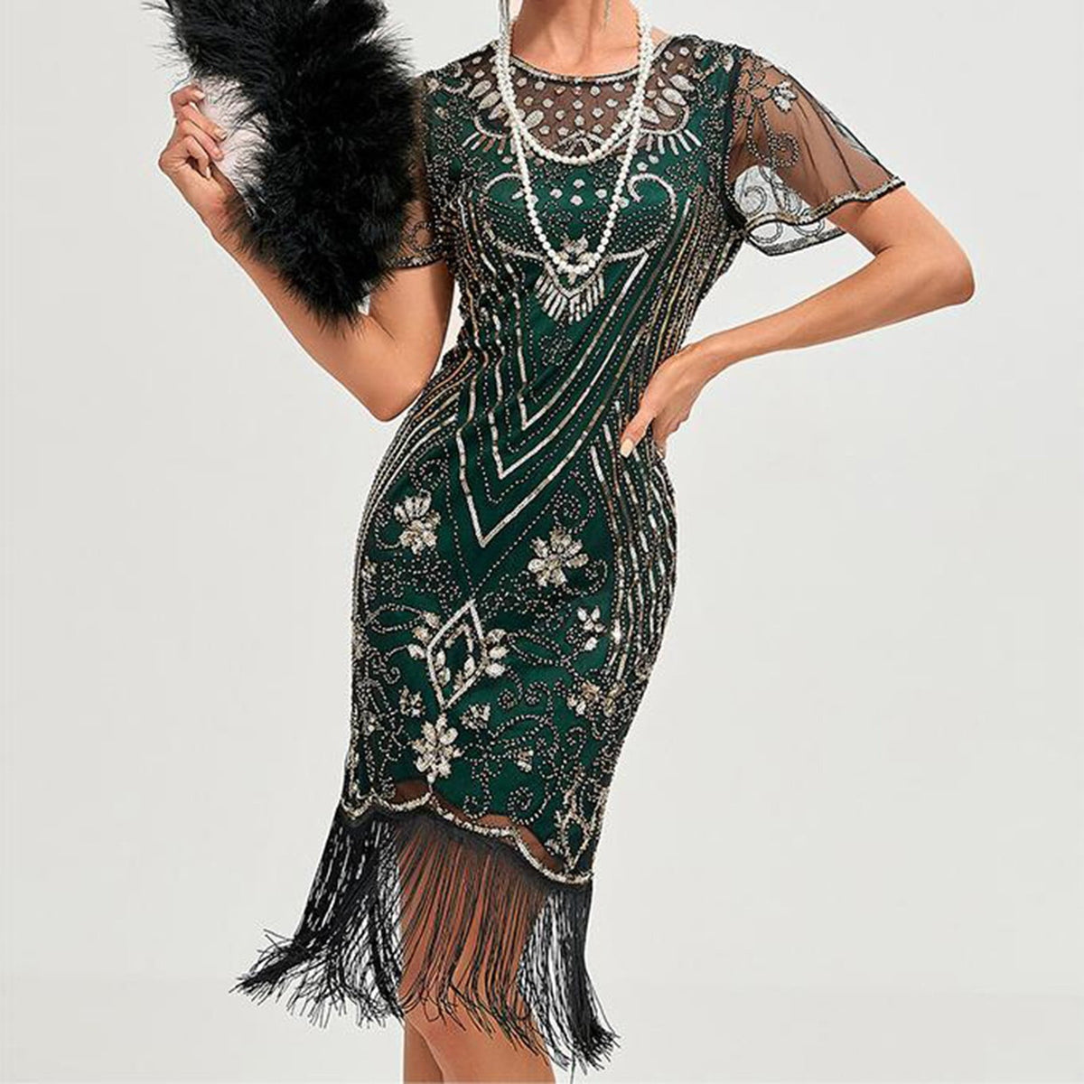 thumbnail image 1 of Flapper Dresses 1920S Dresses For Women,Crew Neck Great Gatsby Dresses With Sleeve Roaring 20S Dress For Harlem Nights Green Xxxl, 1 of 4