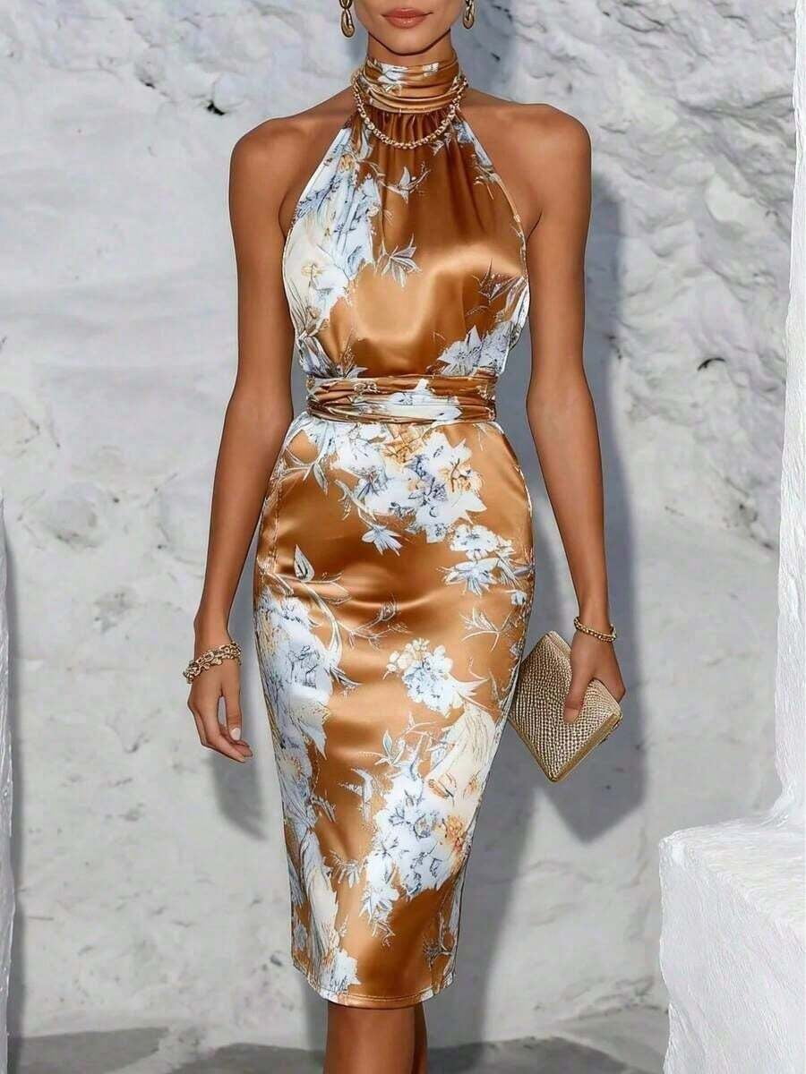 thumbnail image 1 of Floral Print Satin Halter Neck Midi Dress In Bronze Gold, 1 of 7
