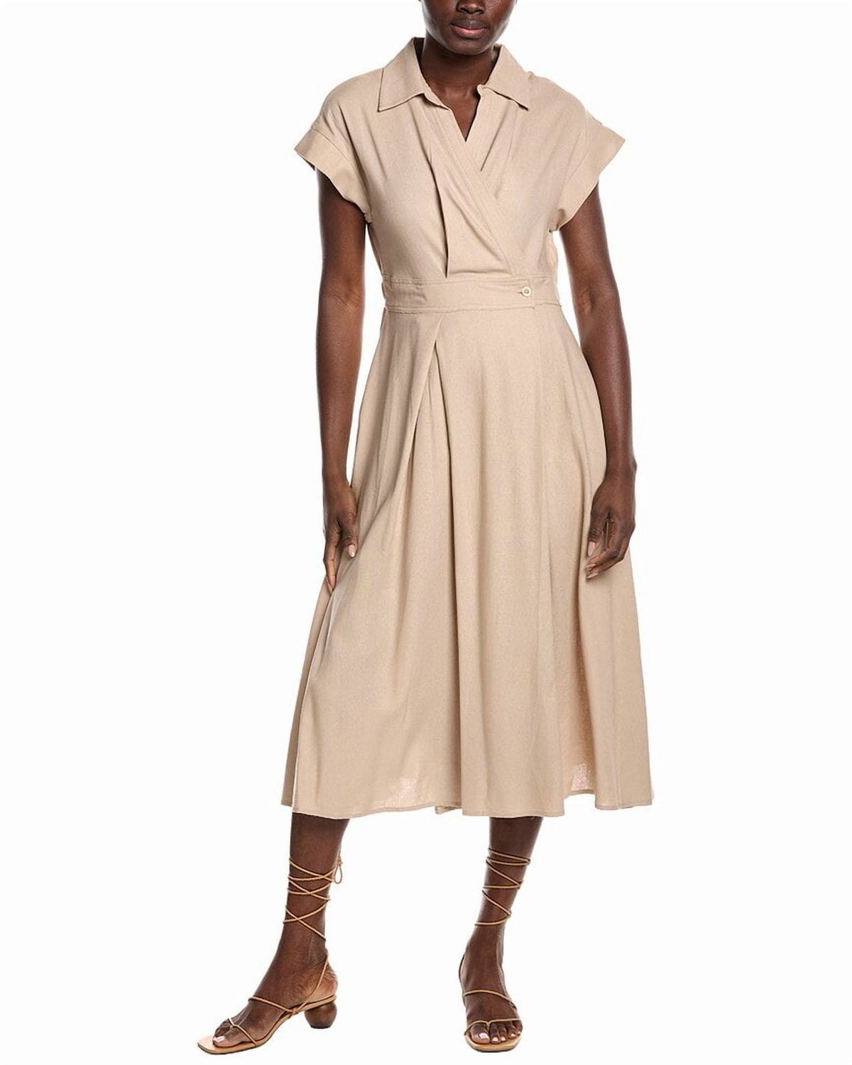 thumbnail image 1 of Gracia womens Banded Waist Linen-Blend Midi Wrap Dress, s, Brown, 1 of 4