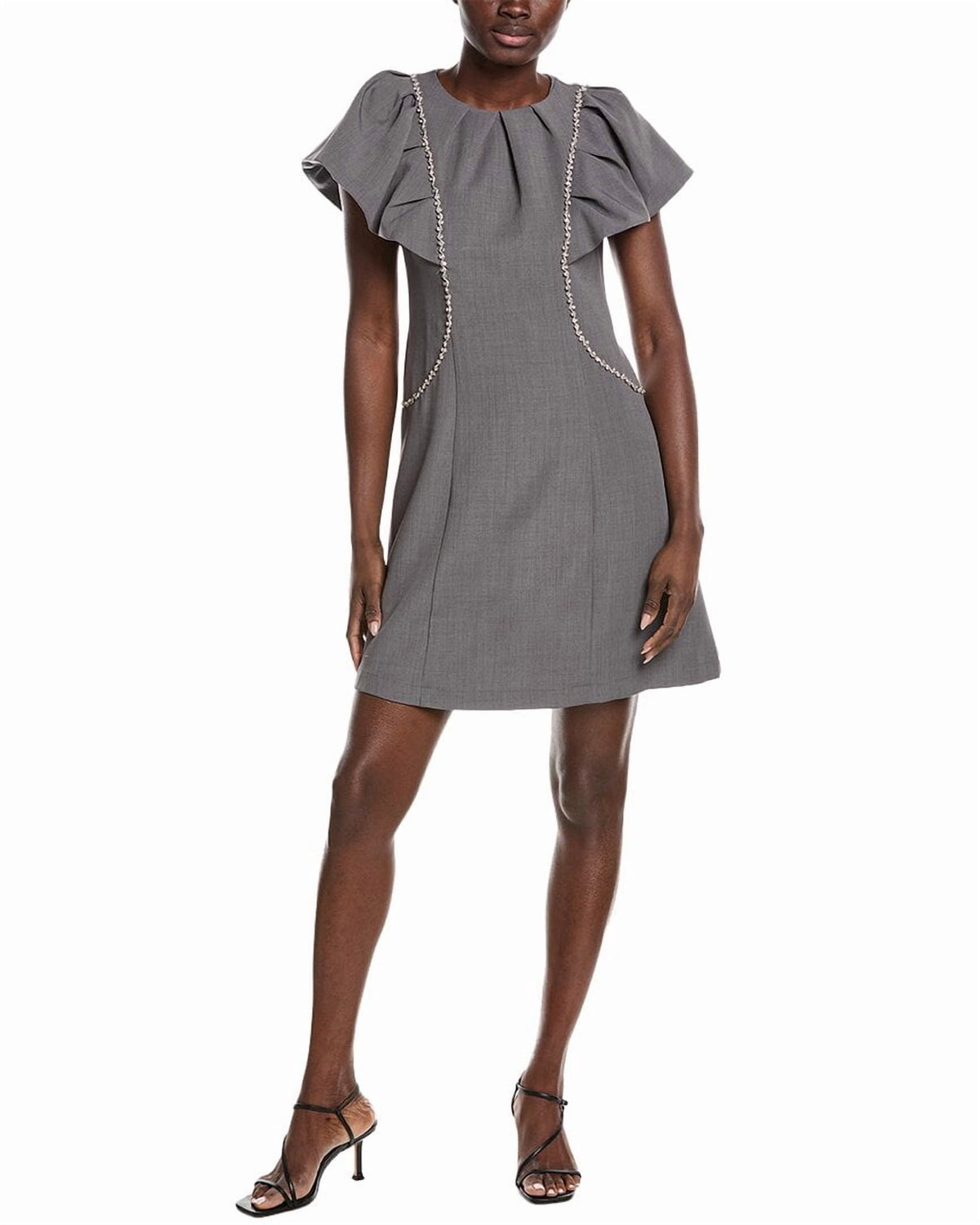 thumbnail image 1 of Gracia womens Gathered Neck Stone Work Ruffle Sleeve Sheath Dress, s, Gray, 1 of 4