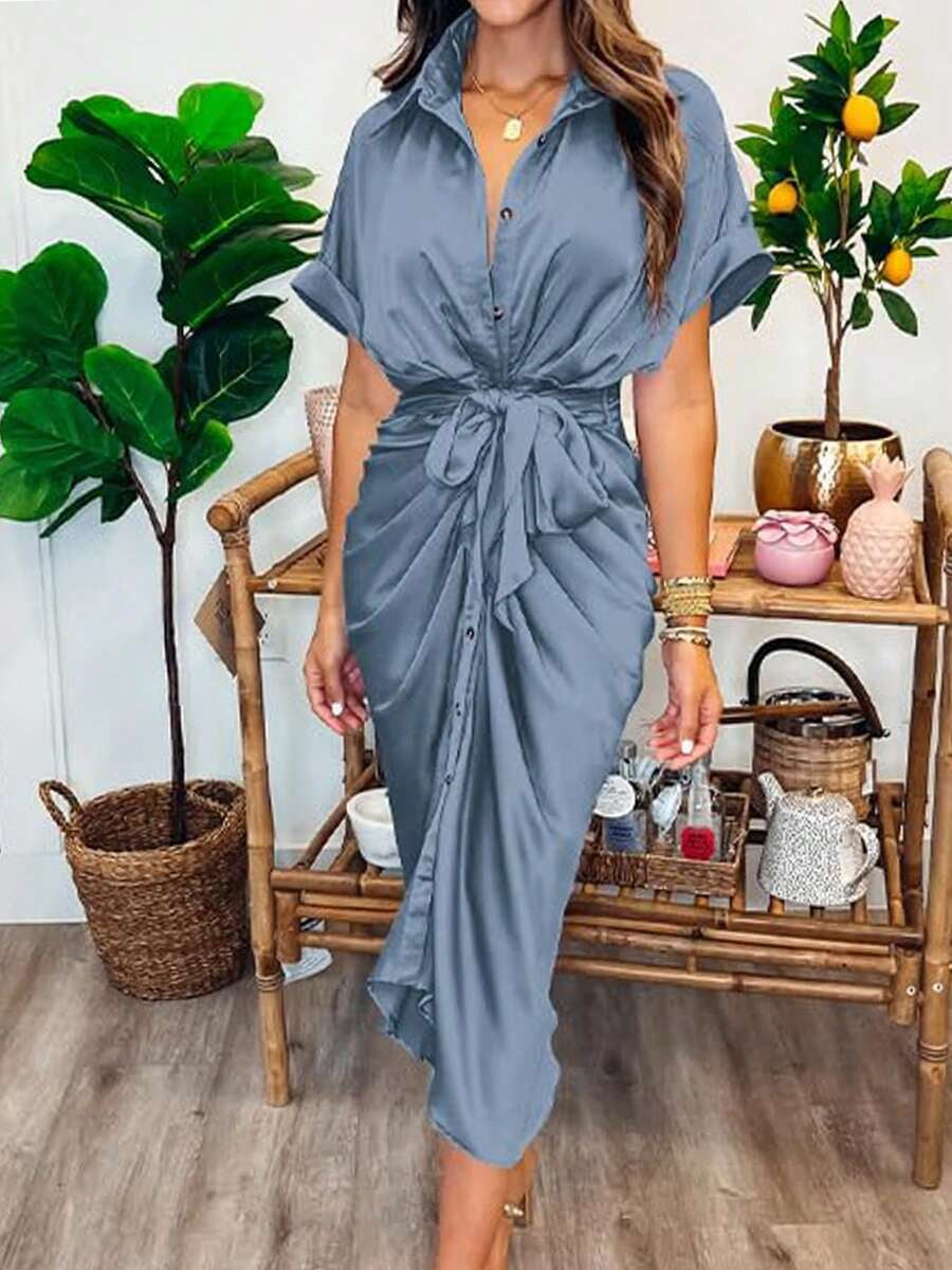 thumbnail image 1 of Grayish Blue Ruched Button Down Midi Dress with Tie Waist, 1 of 5