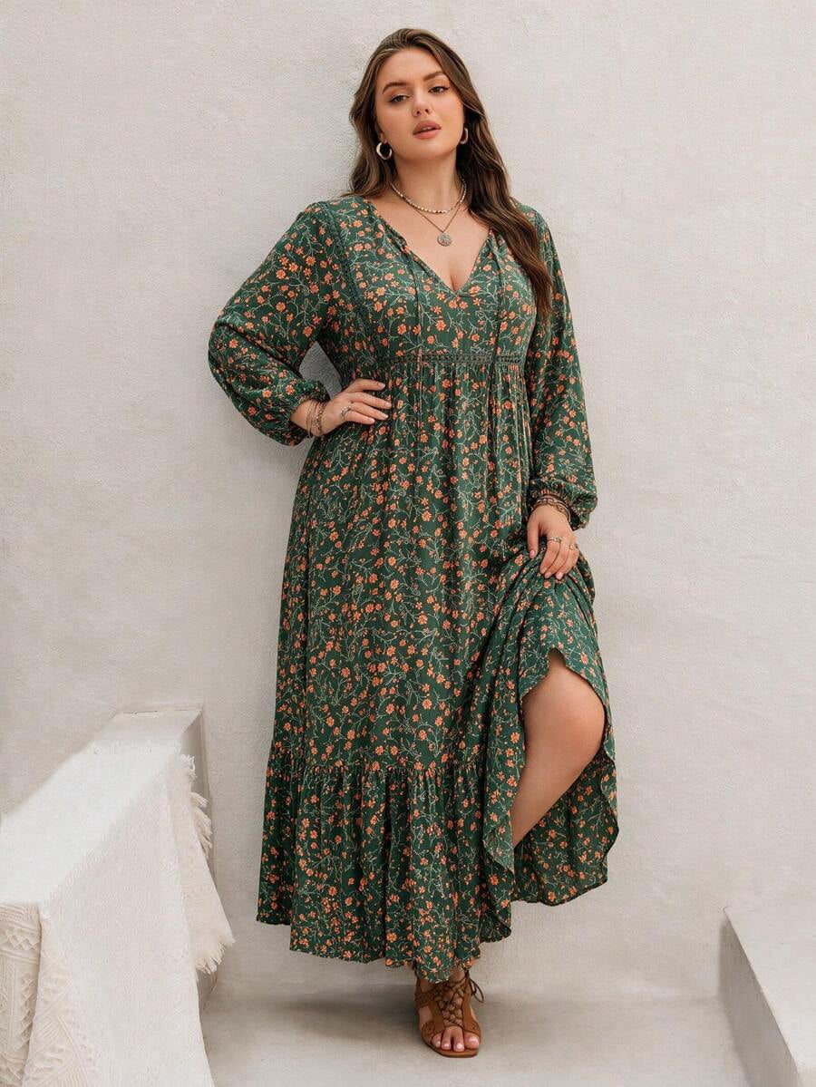 thumbnail image 1 of Green Womens Autumn Floral V-Neck Tie Ruffle Patchwork Long Sleeve Dress, 1 of 9