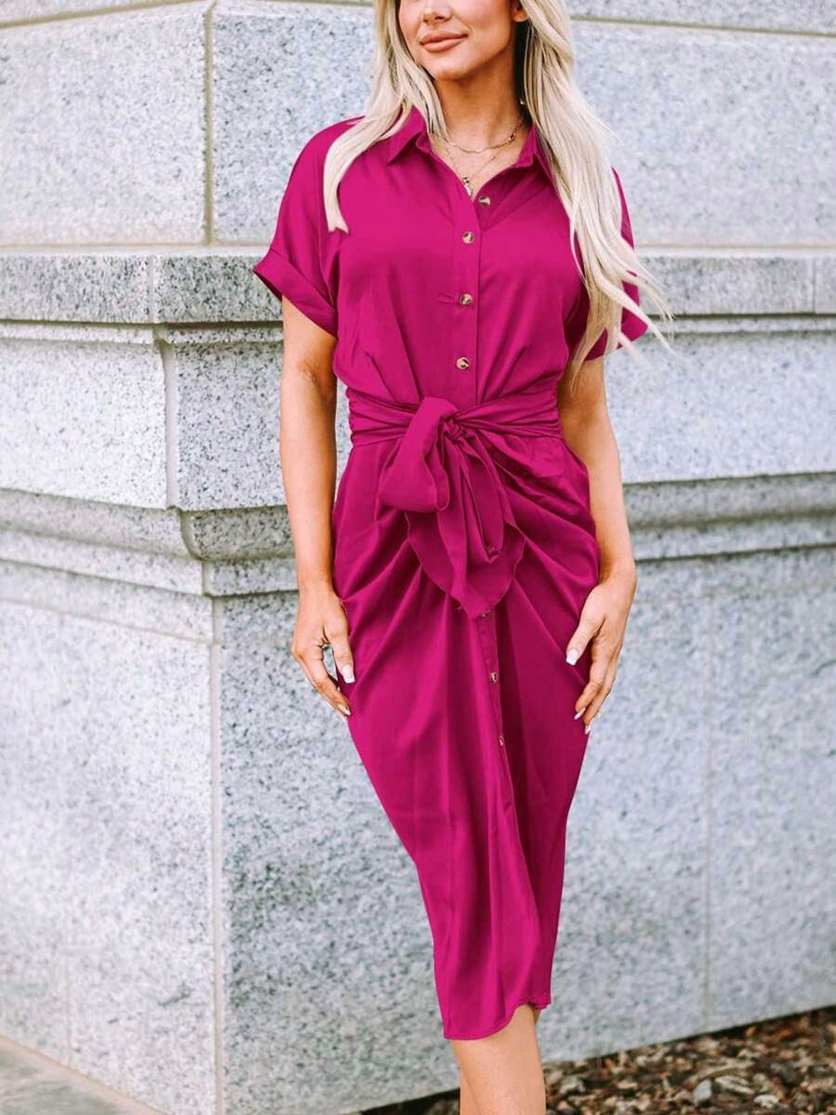 thumbnail image 1 of Hot Pink Ruched Button Down Midi Dress with Tie Waist, 1 of 4