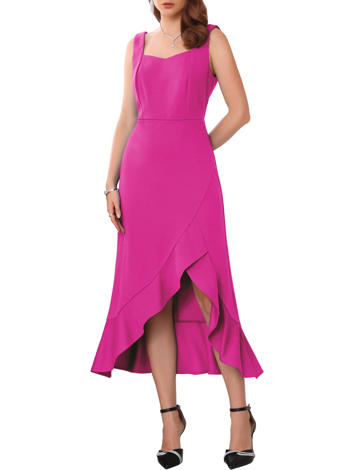 thumbnail image 1 of INSPIRE CHIC Women's Cocktail Dress Sleeveless Elegant Ruffles Split Hem Evening Party Dresses S Hot Pink, 1 of 5