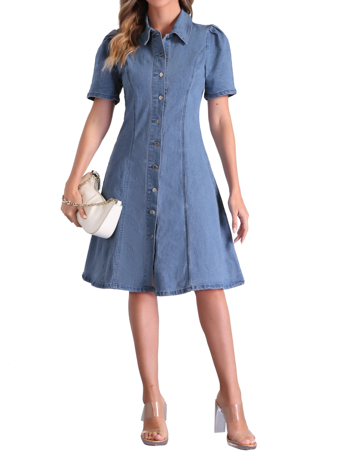 thumbnail image 1 of INSPIRE CHIC Women's Denim Dress Puff Short Sleeve Lapel Collar Button Down Midi Dress XS Light Blue, 1 of 6