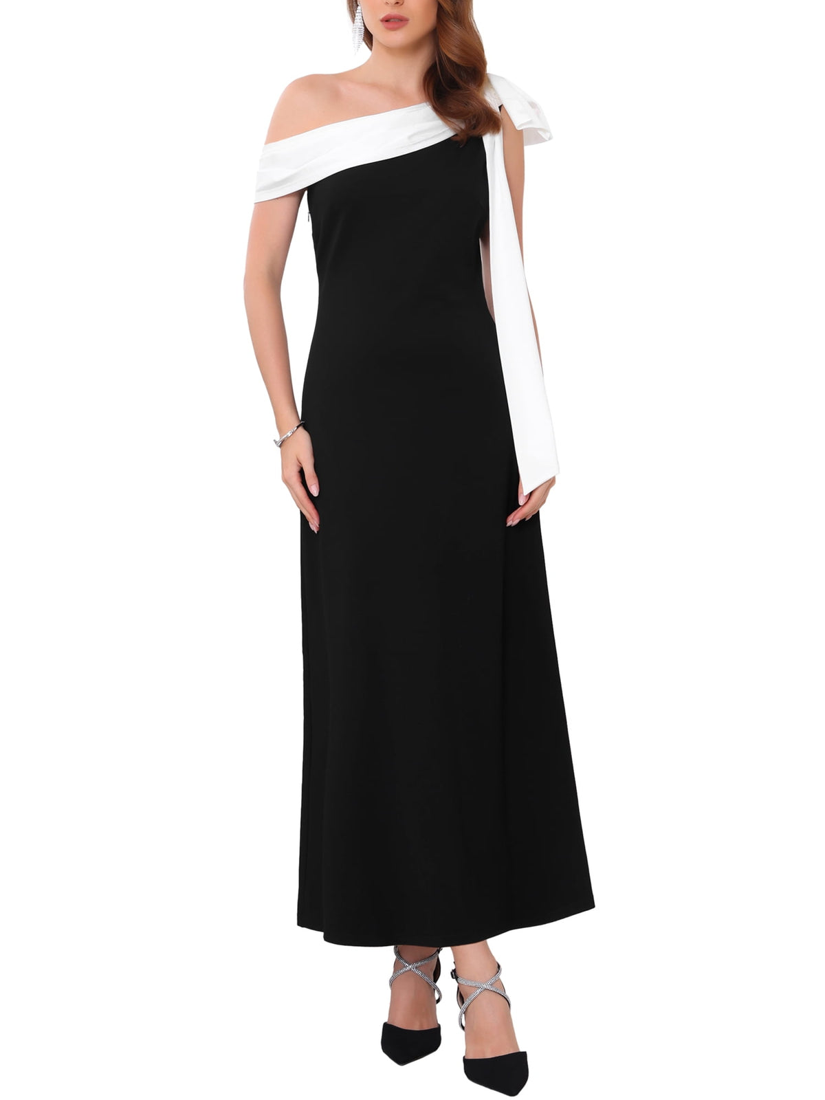 thumbnail image 1 of INSPIRE CHIC Women's Evening Dress One Shoulder Bow Wedding Guest Bridesmaid Cocktail Prom A-Line Maxi Dresses S Black, 1 of 6