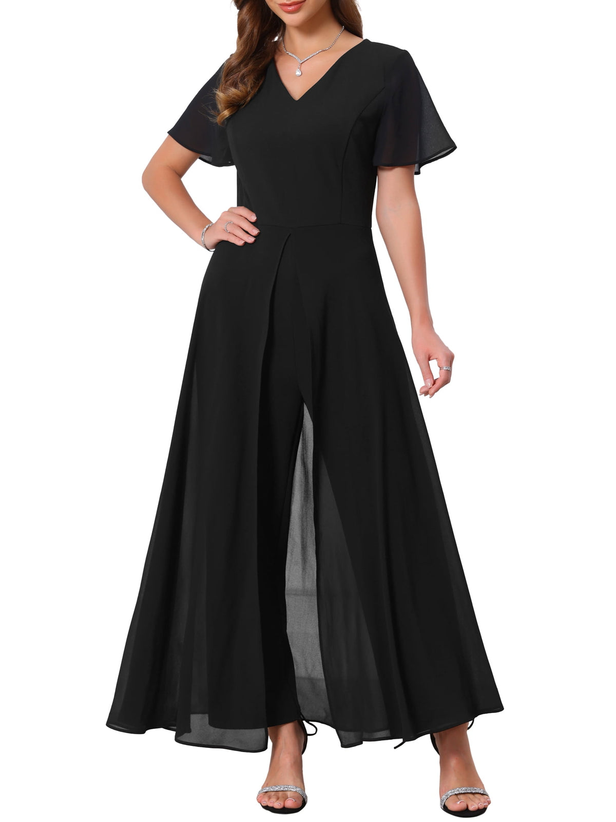 thumbnail image 1 of INSPIRE CHIC Women's Wide Leg Jumpsuits Chiffon Cocktail Dressy Short Sleeves V Neck Jumpsuit Pants S Black, 1 of 7