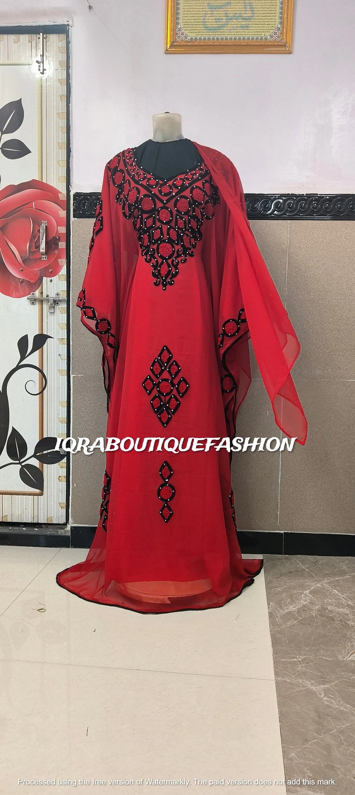 thumbnail image 1 of Iqraboutiquefashion Red Kaftan Gown, Chiffon Maxi Dress with Black Embroidery, Batwing Sleeves, Formal Wedding Occasion, 1 of 1
