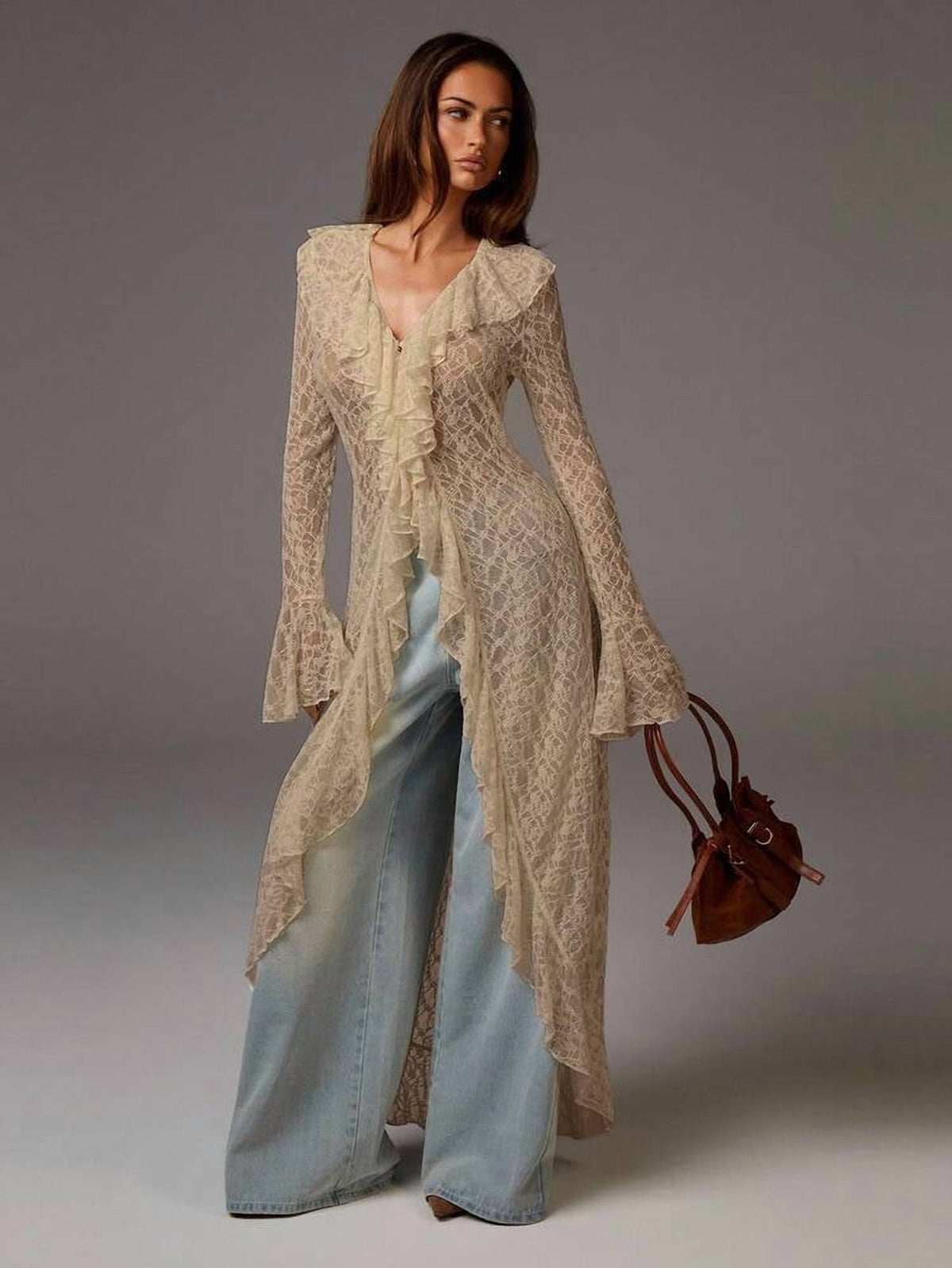 thumbnail image 1 of Khaki Lace Long Sleeve Maxi Dress with Ruffle Hem and Bell Sleeves, 1 of 5