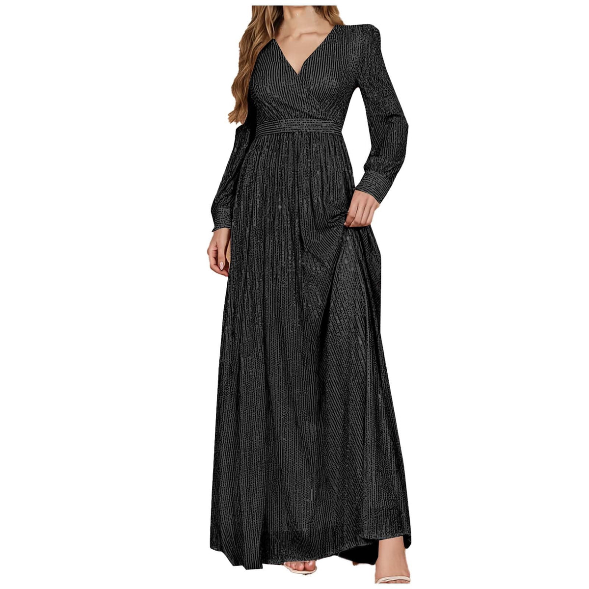 thumbnail image 1 of LJEFF Ladies Fashion Womens Long Sleeve Dress V-Neck Solid Long Dresses Sequin,Black, 1 of 6