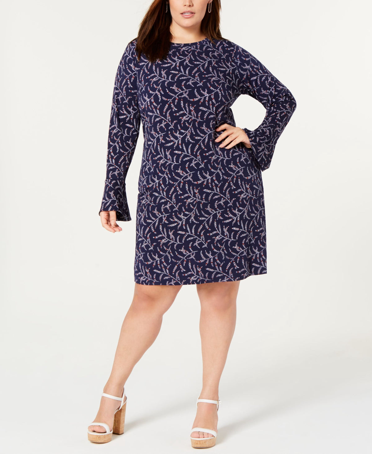 thumbnail image 1 of Michael Michael Kors Plus Size Printed Bell Sleeve Sheath Dress True Navy 2X, 1 of 2