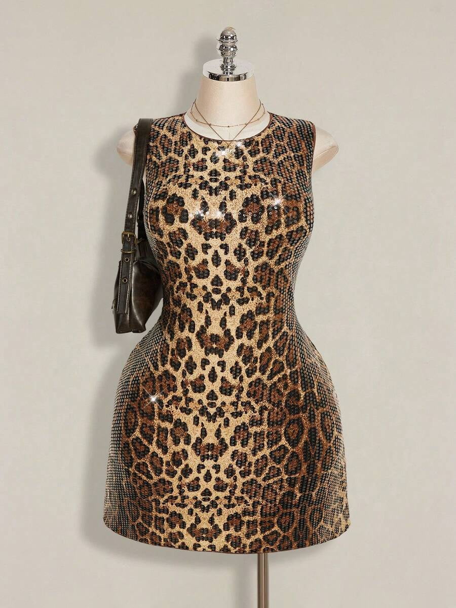 thumbnail image 1 of Multicolor Plus Size Sleeveless Leopard Print Sequin Cocktail Dress, 1 of 9