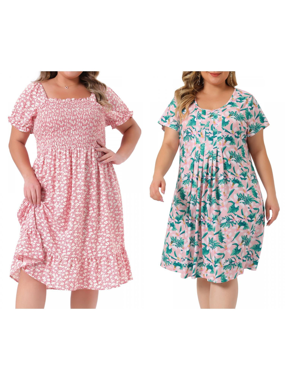 thumbnail image 1 of NOMADIC NOOK Women's Plus Size Flared Dresses and Round Neck Short Sleeves Floral Pleated Summer Midi Dress 3X Pink White/Pink Green, 1 of 7