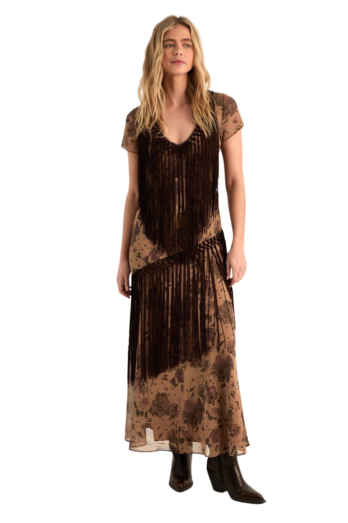 thumbnail image 1 of Nasty Gal Floral Chiffon Fringe Maxi Dress - Cream, 4, 1 of 5
