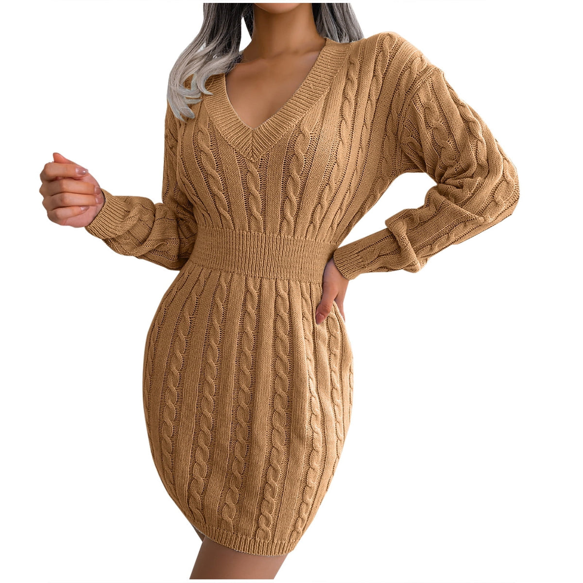thumbnail image 1 of Odeerbi Dresses for Women 2025 Fall Dresses Autumn And Winter V-neck Waist Bag Hip Knitted Sweater Dress Khaki, 1 of 7