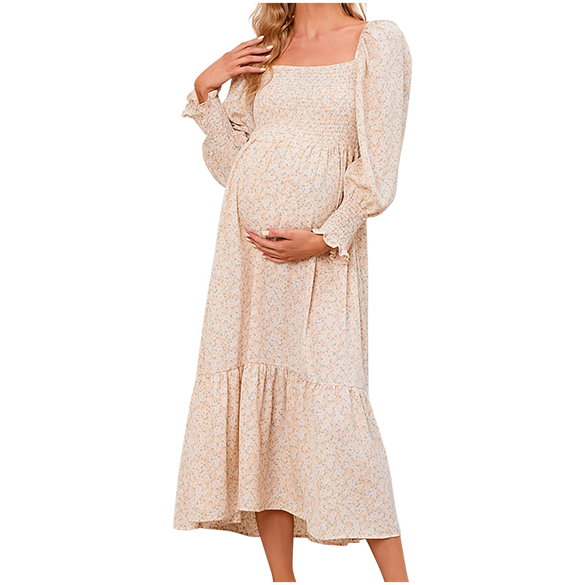 thumbnail image 1 of Odeerbi Maternity Women's Pregnant Long Dress Casual Erogenous Trendy Small Floral Printing Chiffon Dress Square Collar Long Sleeve Dress Yellow, 1 of 6