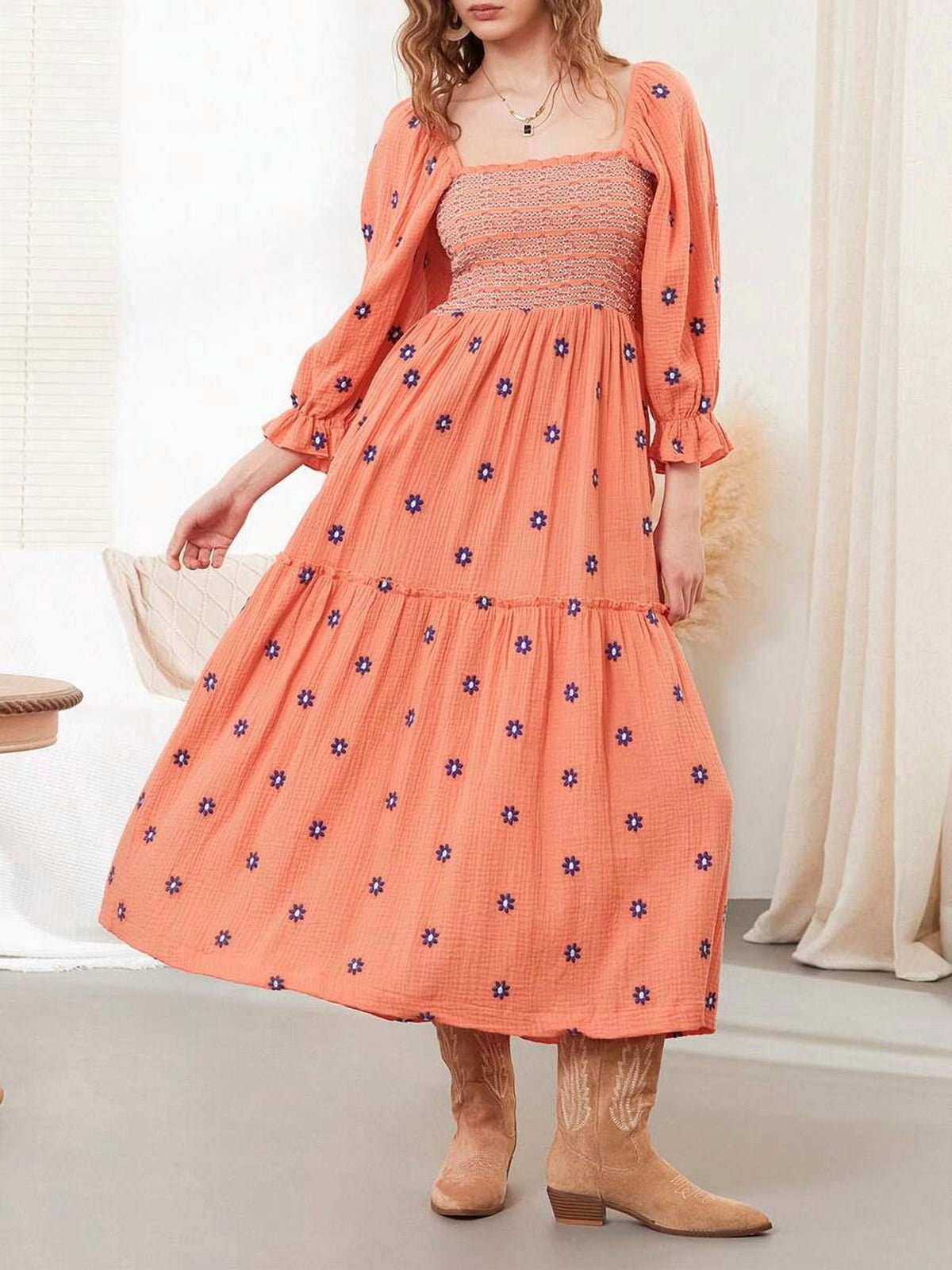 thumbnail image 1 of Orange Floral Embroidered Smocked Maxi Dress Square Neck Puff Sleeve Boho, 1 of 30
