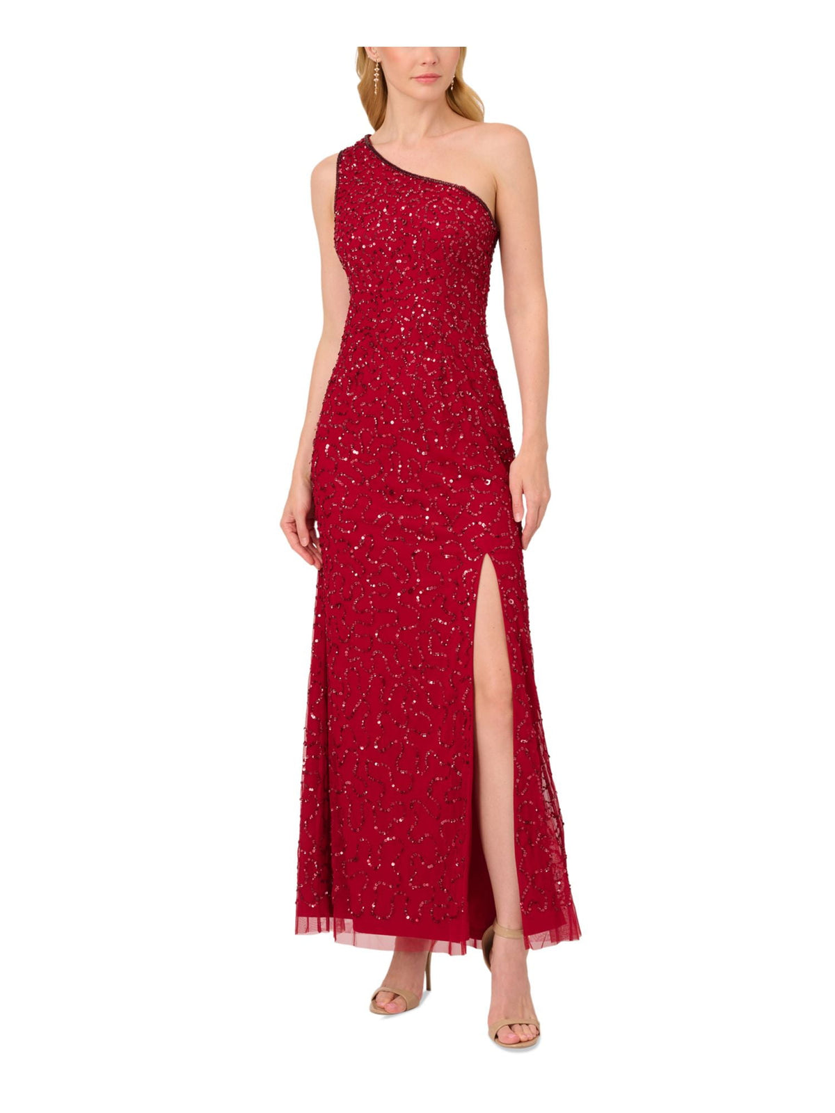 thumbnail image 1 of PAPELL STUDIO Womens Red Mesh Zippered Lined High Slit Sleeveless Asymmetrical Neckline Full-Length Evening Gown Dress 2, 1 of 3